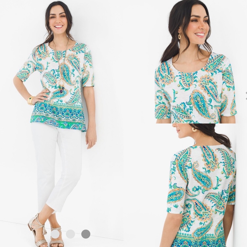 Chico’s Women Paisley Elbow Sleeves Round Neck Tee Blouse Shirt Size 1 US 4/6